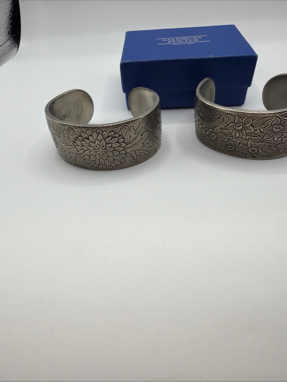 Vintage Salisbury Pewter 2 Cuff Bracelets Floral Design March, November Engraved